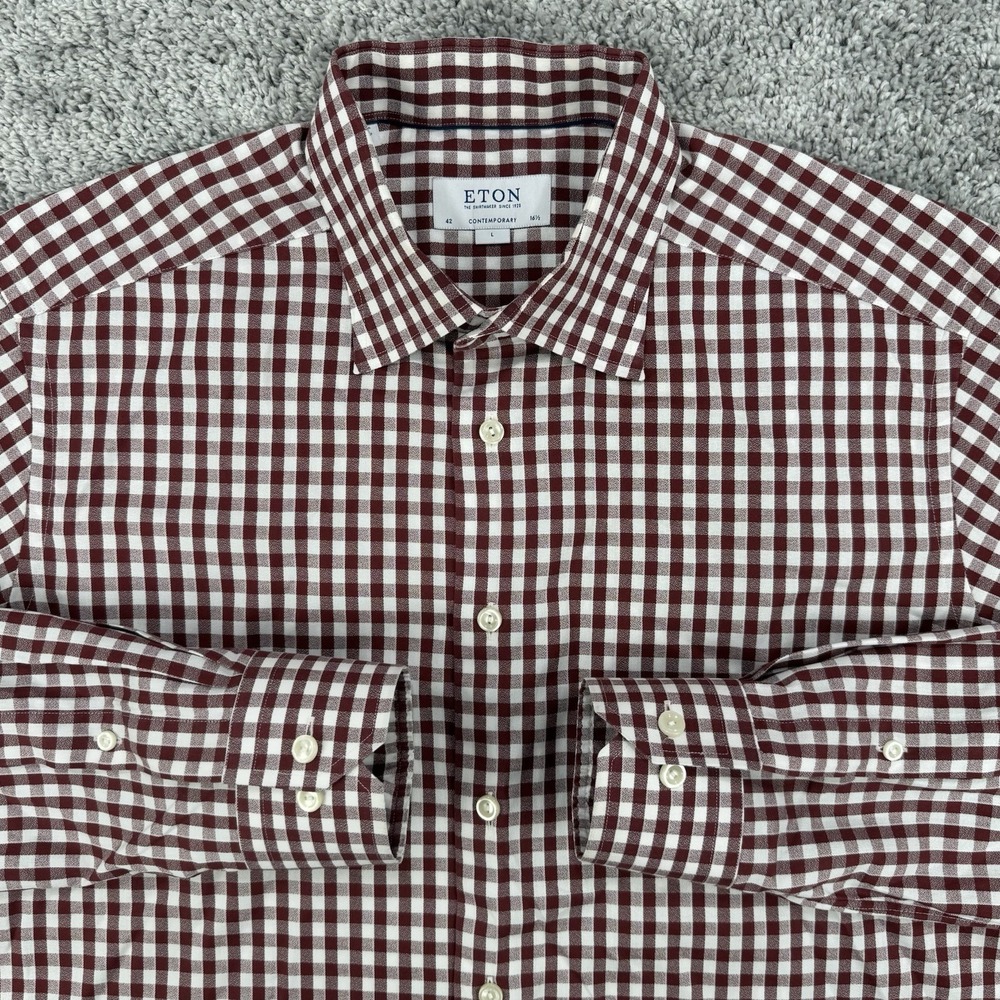 Eton Shirt Men's L Maroon Gingham Check Contemporary Long Sleeve Button Down